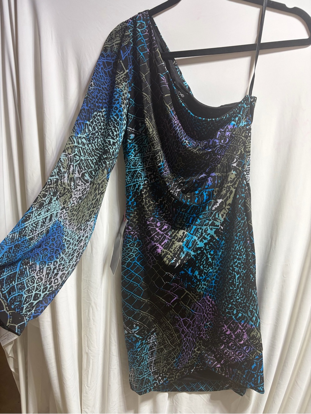 bebe One-Shoulder Black Dress with Blue, Teal & Purple Abstract Print